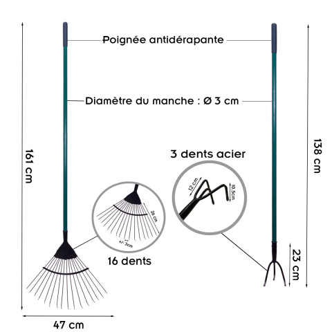 Garden lot d'outils de jardinage   -   pelle ronde + fourche à bêcher + bêche + râteau + râteau à feuilles + griffe 3 dents