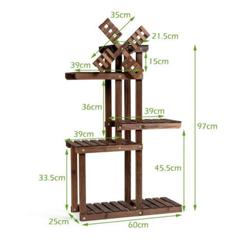 Étagère pour plantes en bois de sapin à 5 niveaux avec moulin à vent 63 x 25 x 97 cm pour terrasse jardin salon nature helloshop26 20_0004668