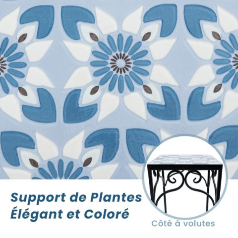 Lot de 3 supports pots de fleurs plateau en céramique à motifs mosaïque patin antidérapant porte plante en métal bleu helloshop26 20_0003178