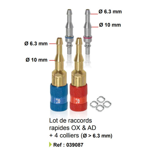 Lot de 2 raccords rapides OX & AD + 4 colliers Ø 6.3 mm - GYS - 039087