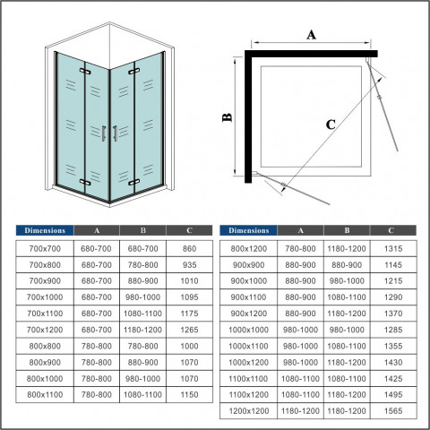 Cabine de douche 2 portes pivotantes et pliantes verre anticalcaire - Dimensions au choix