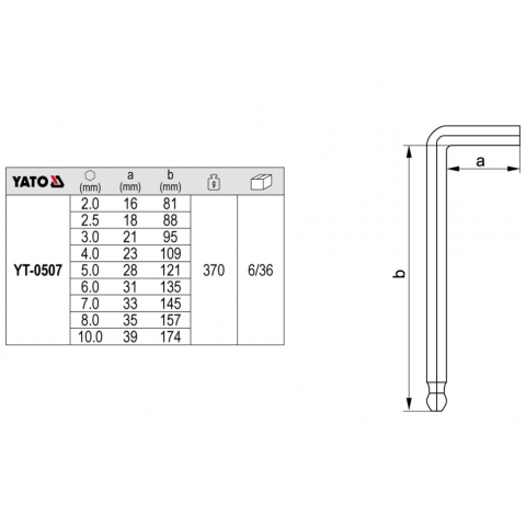 YATO Ensemble clé hexagonale avec bille 9 pcs 2 -10 mm