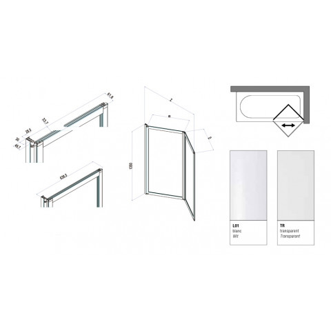 pare bain a deux panneaux repliables 126 128 cm ht 135 cm profile blanc verre transparent b1385l01tr distriartisan