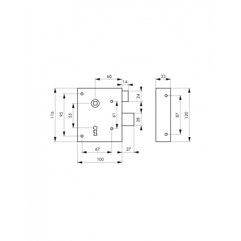 Serrure en applique pdt 1/2 tour axe 60 "tirant"100 x 120 mm droite 10511