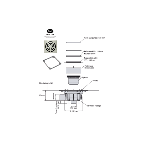 Isotanche classic pro nf  diam 50 - grille target carree  - dimensions et sorties aux choix