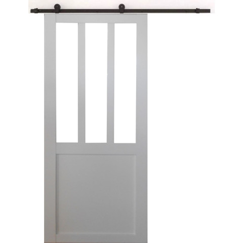 Porte coulissante atelier blanc h204 x l93 + rail à roulettes et 2 coquilles noir gd menuiseries