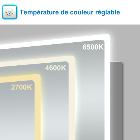 Aica miroir de salle de bain 100x60cm avec leds 3 couleurs et luminosité réglable+anti-buée+miroir grossissant+horloge numérique