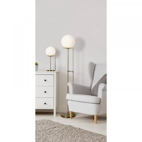 Lampadaire sphere, laiton antique et verre