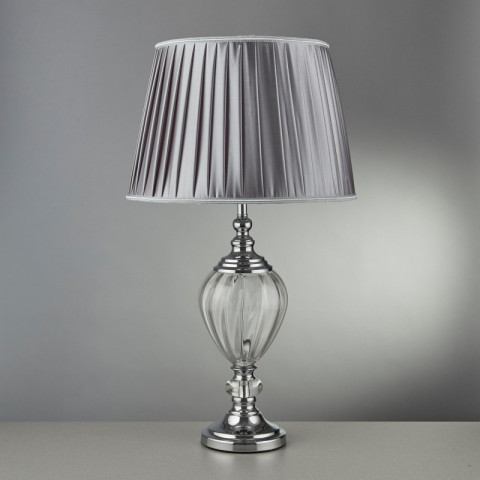 Lampe de table greyson, chrome et verre clair, abat-jour plissé gris