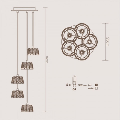 Magnifique lustre à suspension effet méduse de 92cm le long avec 5 abat-jours en verre à facettes
