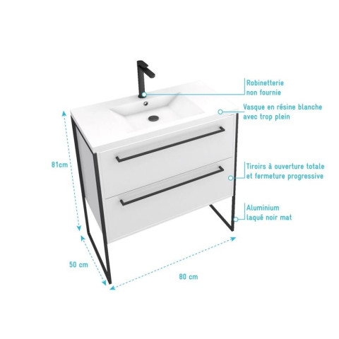Meuble de salle de bain 80x50cm Blanc -2 tiroirs - vasque résine blanche - pieds et poignées Aurlane - PACM010