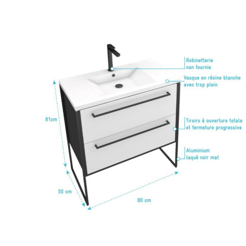 Meuble de salle de bain 80x50cm Noir mat - 2 tiroirs blanc - Vasque blanche - STRUCTURA F034 Aurlane - PACM043