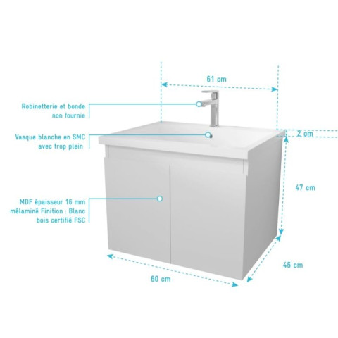 Meuble de salle de bains 60cm à suspendre Blanc 2 Portes - Vasque Blanche - ELEMENTARY Aurlane - LAV1036