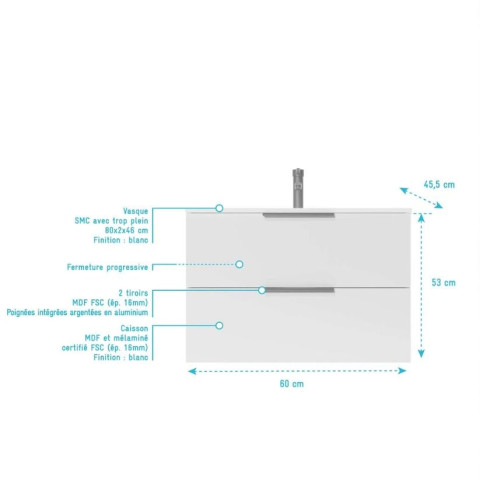 Meuble de salle de bains 60cm suspendu blanc 2 Tiroirs - Vasque blanche - ELEMENTARY Aurlane - LAV1091