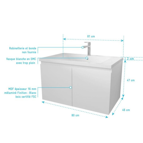 Meuble de salle de bains 80cm à suspendre Blanc 2 Portes - Vasque Blanche - ELEMENTARY Aurlane - LAV1037