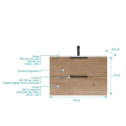Meuble de salle de bains 80cm suspendu décor bois clair 2 Tiroirs - Vasque blanche - ELEMENTARY Aurlane - LAV1090
