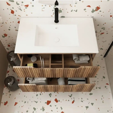 Meuble de Salle de Bains LEON 80 cm décor bois - 2 Tiroirs en MDF Ondulés - Vasque à encastre Aurlane - PACM728