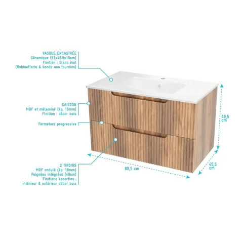 Meuble de Salle de Bains LEON 80 cm décor bois - 2 Tiroirs en MDF Ondulés - Vasque à encastre Aurlane - PACM728
