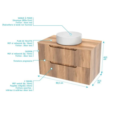 Meuble de Salle de Bains LEON 80cm décor Bois - 2 Tiroirs en MDF Ondules - Vasque ronde 36cm Aurlane - PACM722