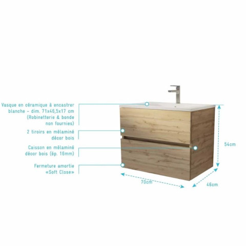 Meuble de salle de bains suspendu 70 cm TIMBER - Décor chêne naturel 2 tiroirs avec vasque blanche Aurlane - PACM806