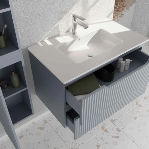 Meuble et colonne de salle de bains LEON 80cm - Façade ondulée - Vasque blanche mate - LEON Aurlane - Couleur au choix