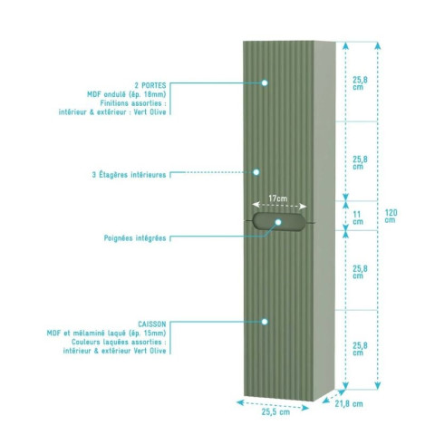 Meuble et colonne de salle de bains 80cm vert olive - Façades ondulées - Vasque blanche mate - LEON Aurlane - PACM793