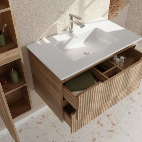 Meuble et colonne de salle de bains LEON 80cm - Façade ondulée - Vasque blanche mate - LEON Aurlane - Couleur au choix