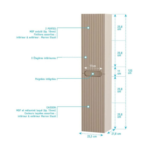 Meuble et colonne de salle de bains LEON 80cm - Façade ondulée - Vasque blanche mate - LEON Aurlane - Couleur au choix