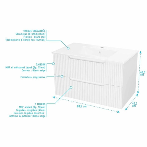 Meuble et colonne de salle de bains LEON 80cm - Façade ondulée - Vasque blanche mate - LEON Aurlane - Couleur au choix