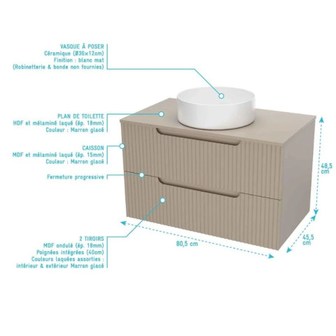 Meuble et colonne de salle de bains LEON 80cm - Façade ondulée - Vasque Ronde 36cm - LEON Aurlane - Couleur au choix