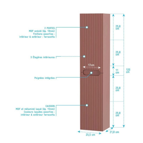 Meuble et colonne de salle de bains LEON 80cm - Façade ondulée - Vasque Ronde 36cm - LEON Aurlane - Couleur au choix