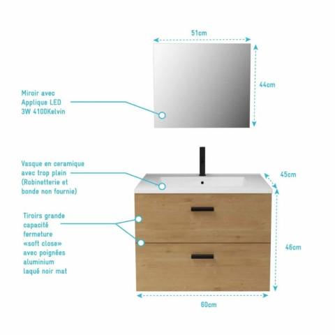 Meuble salle de bain 60 cm suspendu 2 tiroirs finition Bois avec vasque et miroir - BOX-IN 60 WOOD Aurlane - LAV627