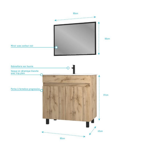 Meuble salle de bain 80×80 - Finition chêne naturel + vasque blanche + miroir - TIMBER 80 - Pack25 Aurlane - PACM235