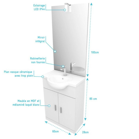 Meuble salle de bain blanc 60 cm sur pied + vasque céramique blanche + miroir applique LED - THRIFTY Aurlane - LAV300