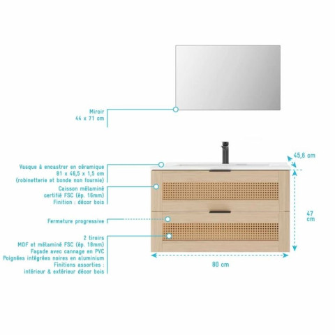 Meuble salle de bain cannage 80cm décor bois et cannage - 2 tiroirs vasque et miroir - APOLLINE Aurlane - LAV1040
