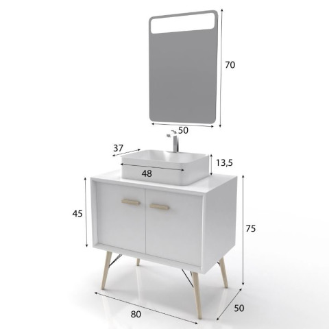 Meuble salle de bain scandinave blanc 80 cm sur pieds avec portes, vasque a poser et miroir LED Aurlane - LAV525