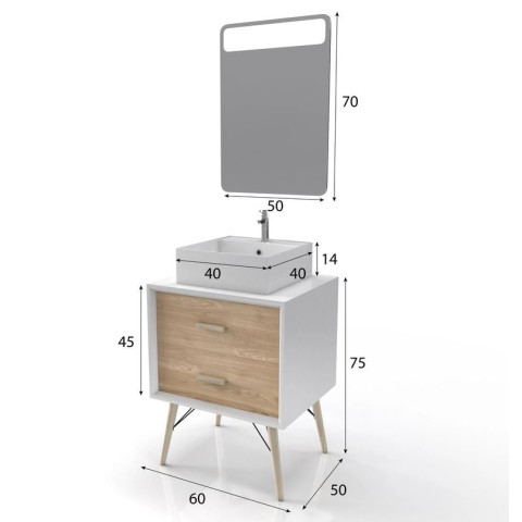 Meuble salle de bain scandinave blanc et bois naturel 60 cm avec tiroirs, vasque à poser et miroir Aurlane - LAV512