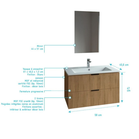 Meuble salle de bain simple vasque 80cm bois MDF ondulé - MILO Aurlane - LAV1033