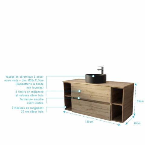 Meuble salle de bains 120 TIMBER Décor chêne 2 tiroirs - Vasque noire à poser Aurlane - PACM846