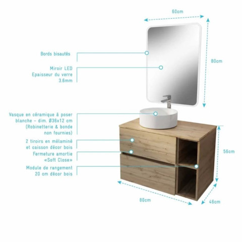 Meuble salle de bains 80 TIMBER Décor chêne Tiroirs + Module - Vasque Blanche - Miroir 60x80 LED Aurlane - PACM824