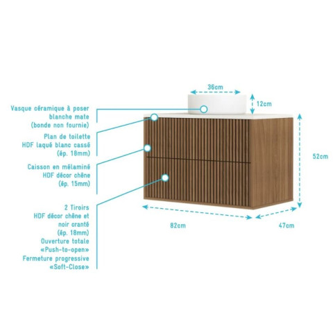Meuble salle de bains 80cm 2 Tiroirs décor chêne et noir cranté - Plan et vasque blanche - YUKI Aurlane - PACM905