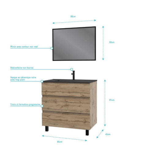 Meuble salle de bains 80cm décor chêne naturel 3 tiroirs - Vasque noire et Miroir - TIMBER Aurlane - PACM227
