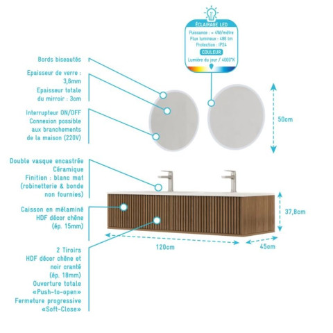 Meuble salle de bains YUKI 120 - 2 Tiroirs décor chêne et noir - Vasque Blanche - Miroirs LED 50 - YUKI Aurlane - PACM881