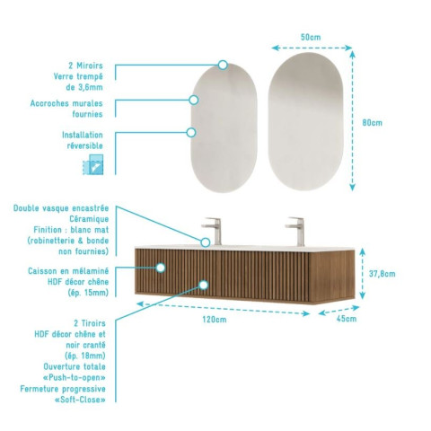 Meuble salle de bains YUKI 120 - 2 Tiroirs décor chêne et noir - Vasque Blanche - Miroirs ovales 50x80 - YUKI Aurlane - PACM884
