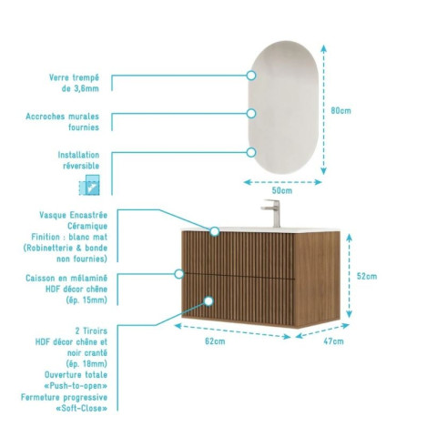Meuble salle de bains YUKI 60 - 2 Tiroirs décor chêne et noir - Vasque Blanche - Miroir ovale 50x80 - YUKI Aurlane - PACM882