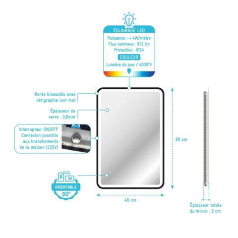 Miroir salle de bain avec éclairage LED et contour noir 40x60cm - GO BLACK LED Aurlane - MIR055