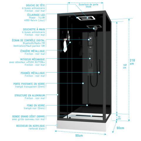 Cabine de douche carrée hydro 90x90x218 cm - porte pivotante - fond & profilés noir mat