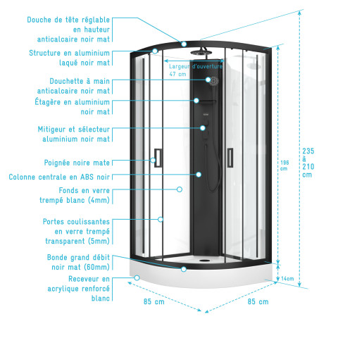 Cabine de douche 1/4 de cercle 85x85x210/235 cm - receveur + fonds blancs / colonne + profilés noirs Aurlane - CAB276