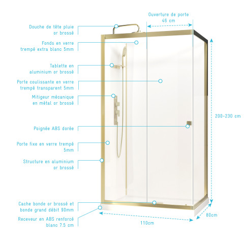 Cabine de douche 110x80x200/230 cm - receveur bas - fonds blancs et profilés or brossé - sunny Aurlane - CAB283