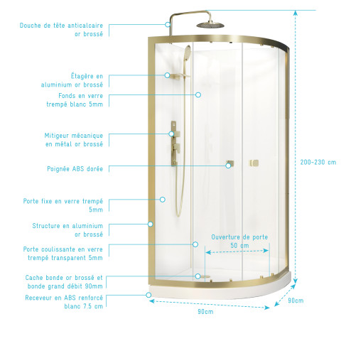 Cabine de douche Quart de cercle 90x90x200/230cm – Receveur Bas – Fonds Blancs et Profilés Or Brossé Aurlane - CAB288